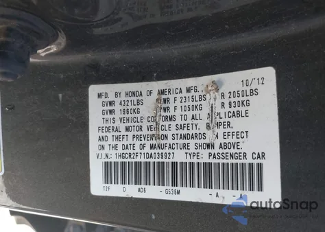 2013 Honda Accord Ex z USA, uszkodzony, nr VIN 1HGCR2F71DA039927